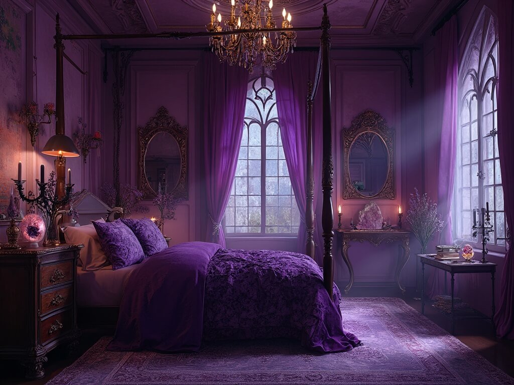 "Mystical Victorian witch bedroom bathed in purple twilight, adorned with celestial themes, amethysts, silver candelabras, and moon phase artwork, photographed by Annie Leibovitz."