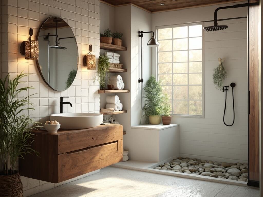 "Modern rustic minimalist cabin bathroom with walnut vanity, white vessel sink, and glass corner shower at golden hour"