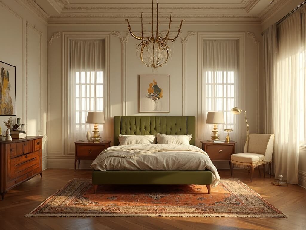 Vintage modern bedroom with high ceilings, olive velvet bed, mid-century furniture, and golden hour lighting through floor-to-ceiling windows.